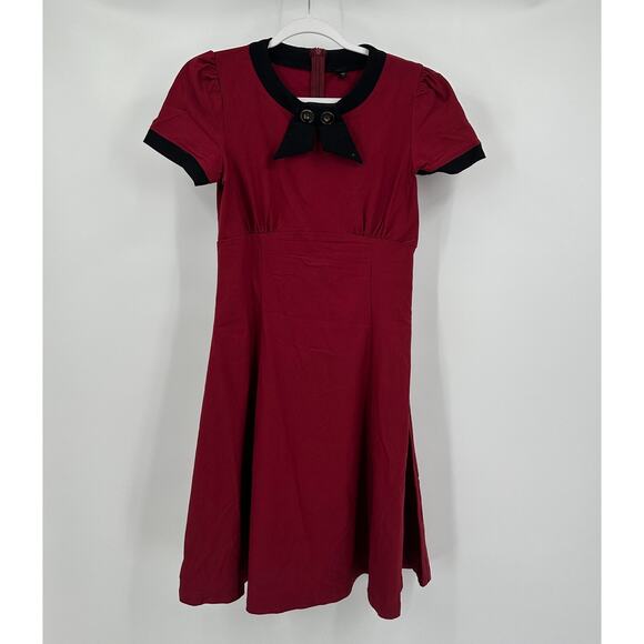 Musol Womens Mod Retro Pinup Midi Dress Size L Burgundy Black Rockabilly - Picture 1 of 9